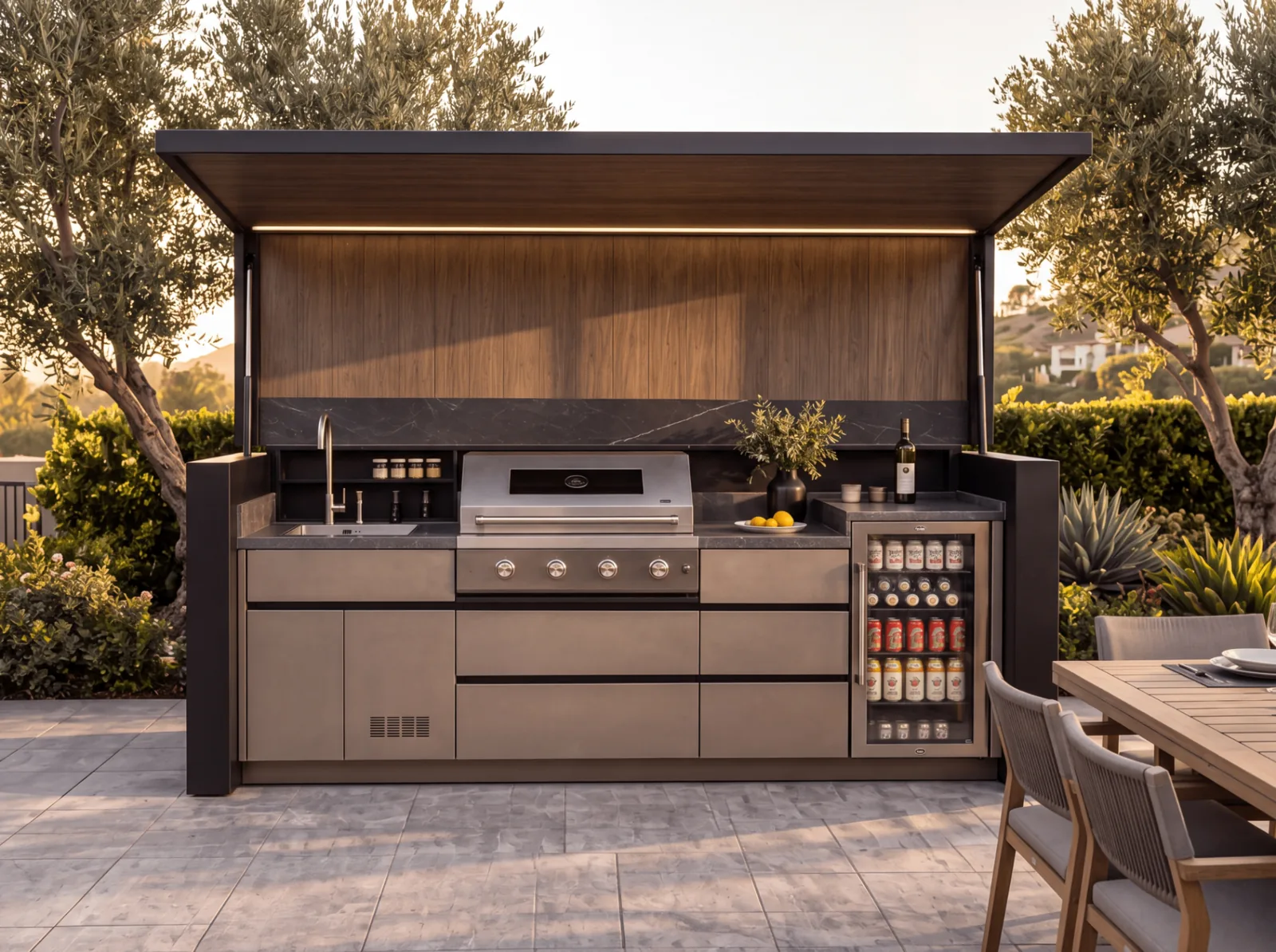 Front view of POD 01 with raised canopy, wood interior, grill, sink and glass-front refrigerator