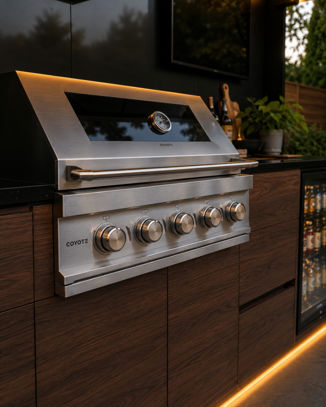 Close-up of the premium stainless built-in gas grill in Pod 02