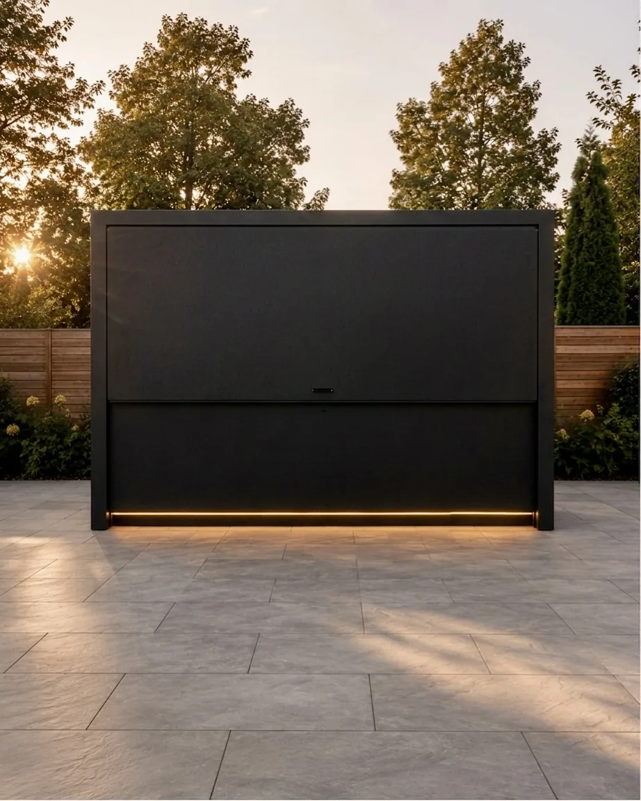Closed POD 02 with dark architectural exterior and integrated base lighting