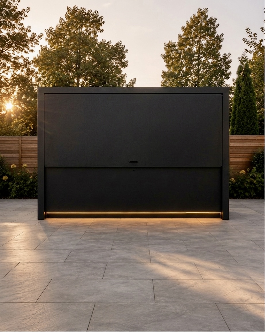 Pod 02 matte black outdoor kitchen fully closed with integrated lighting at sunset