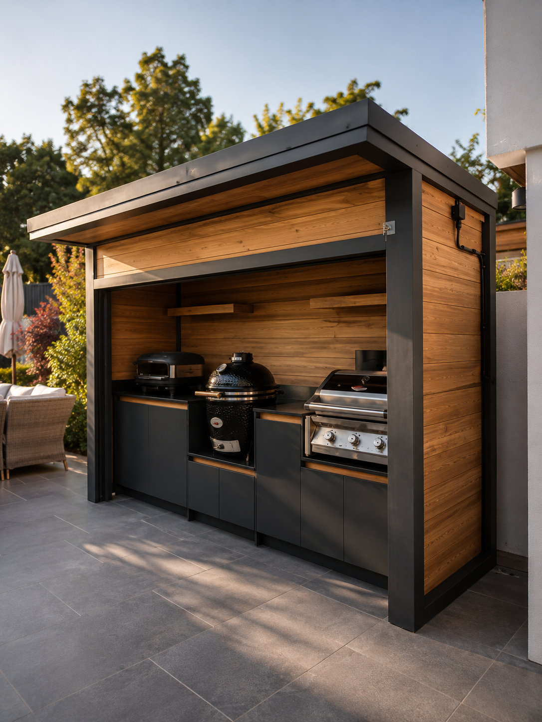 Pod 03 open, showing the pizza oven, kamado grill and gas grill under the canopy