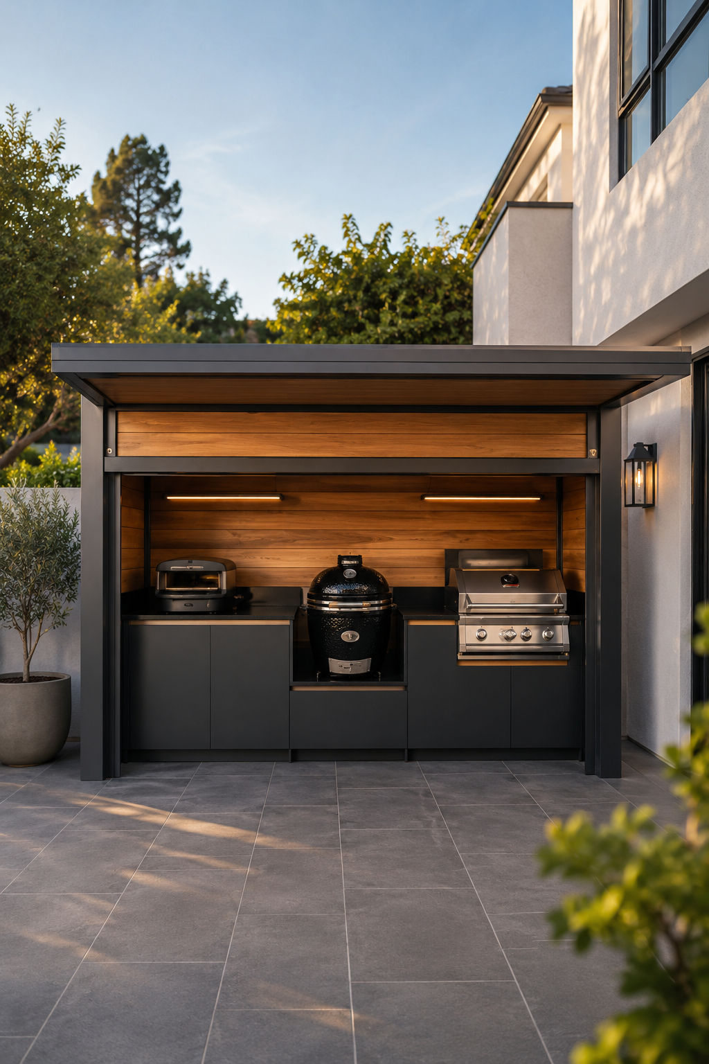 Front view of Pod 03 open with illuminated wood interior and full cooking suite