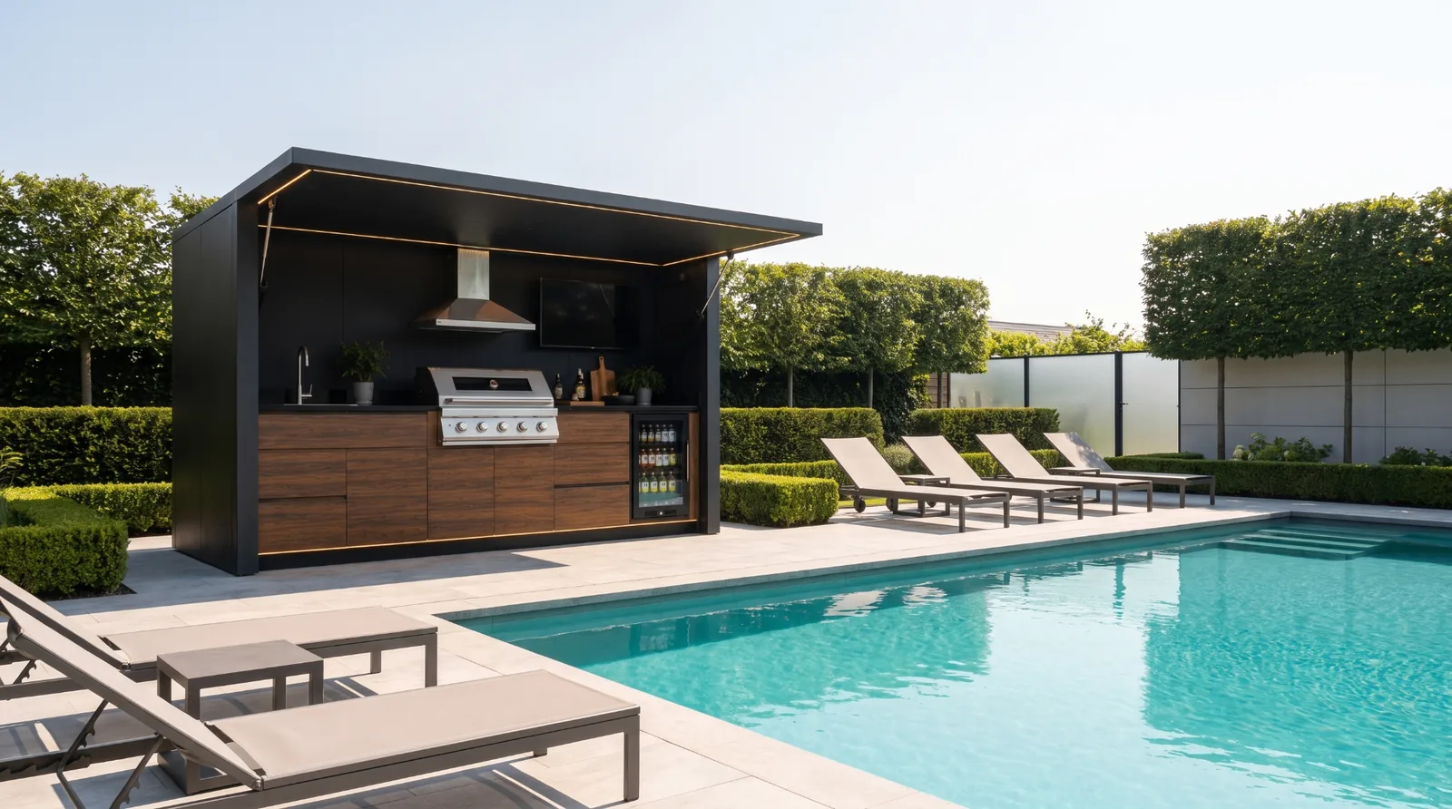 Angle view of open POD 02 beside a swimming pool, showing the grill, sink, television and refrigerator