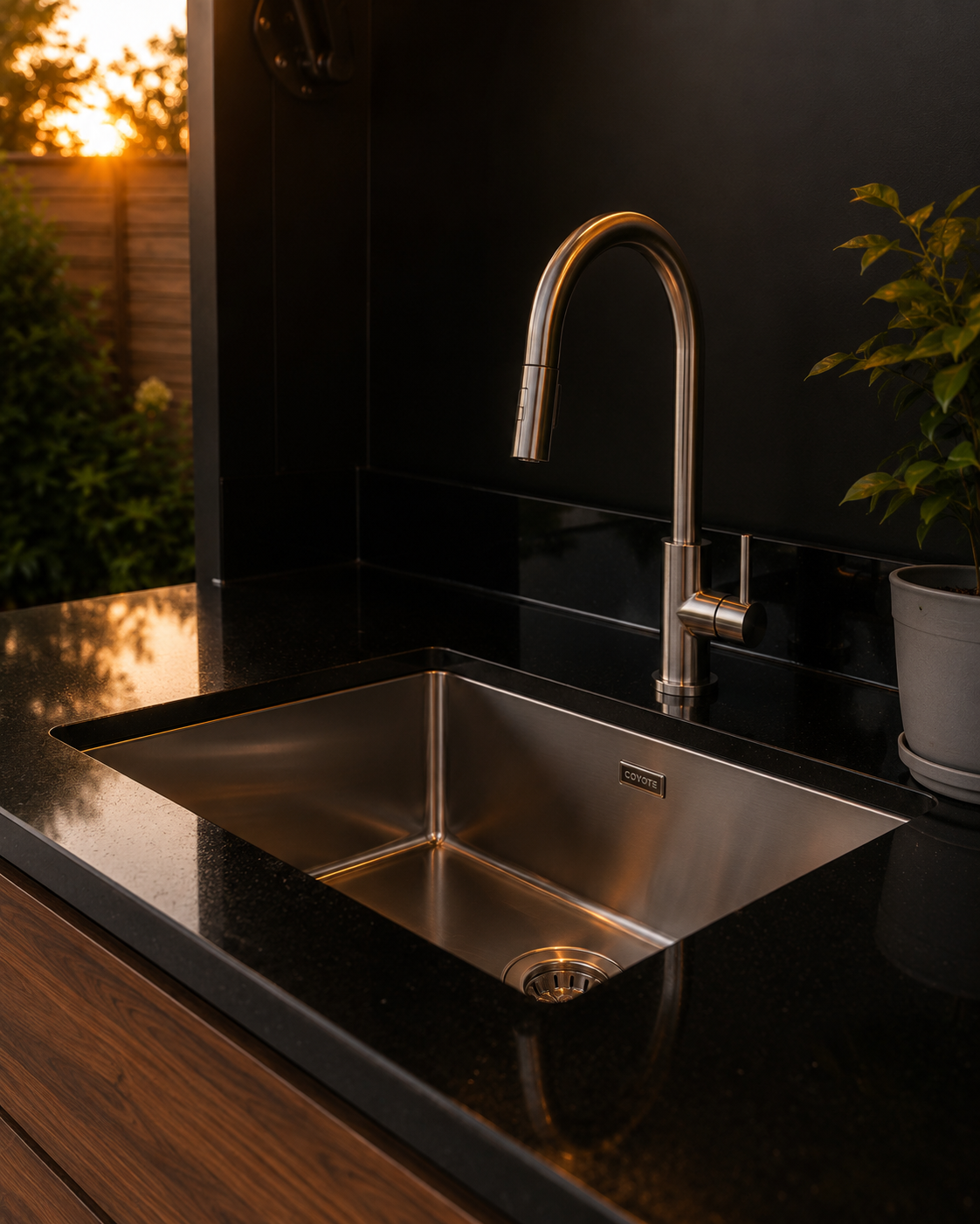 Close-up of the stainless steel sink and faucet in Pod 02