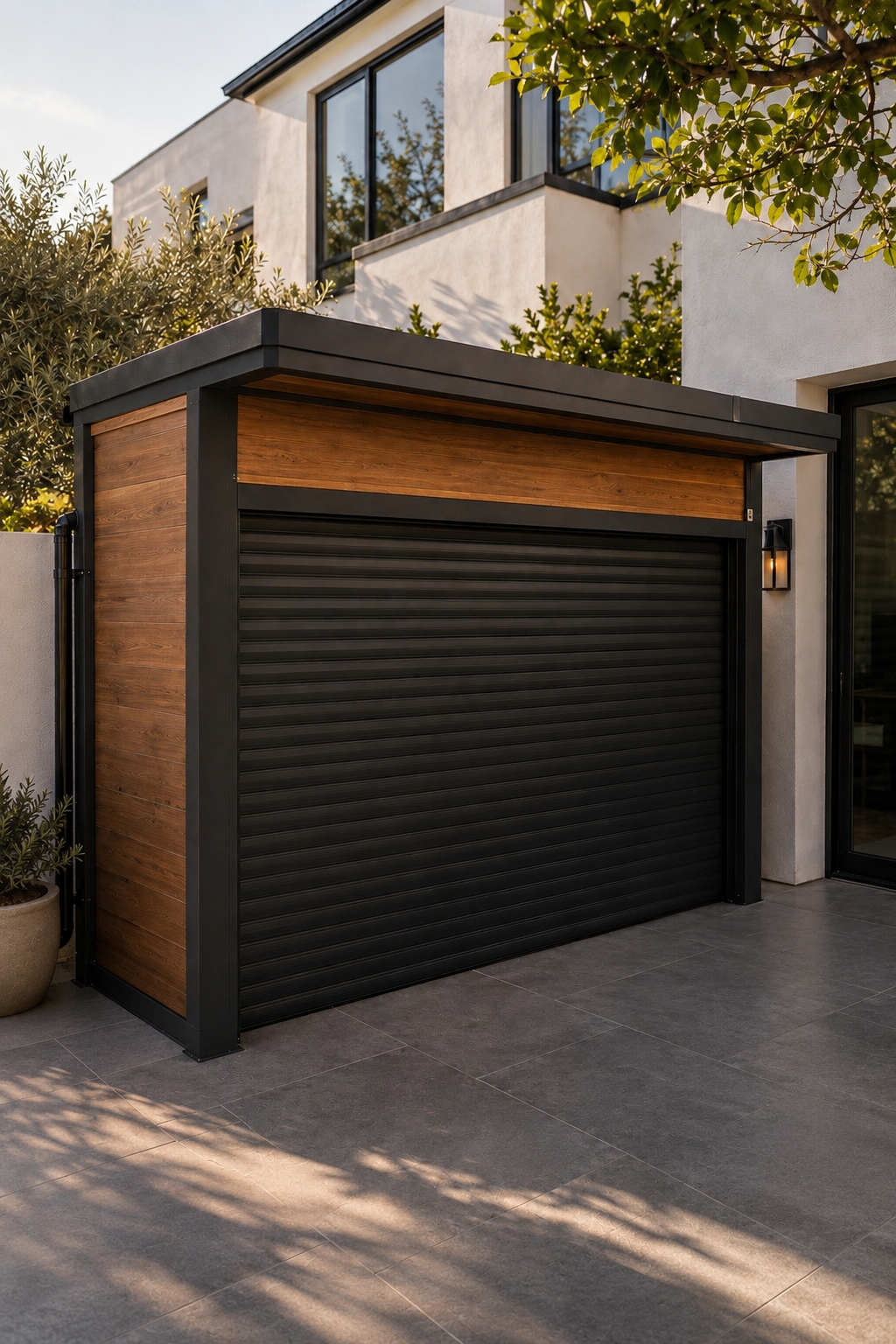 Pod 03 closed, with wood paneling, dark frame and a black roller shutter on a stone patio