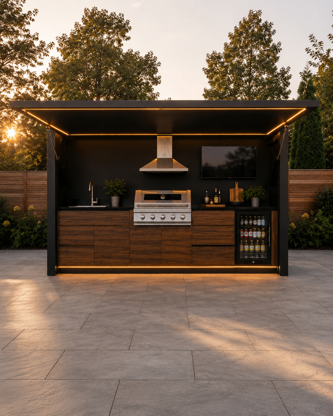 Pod 02 open with grill, sink, refrigerator and TV under an illuminated canopy