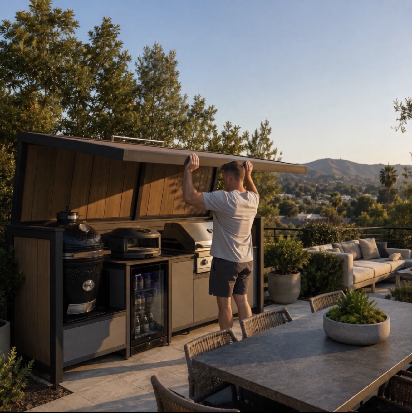 Person lifting the canopy of the Pod 01 outdoor kitchen in a backyard at sunset