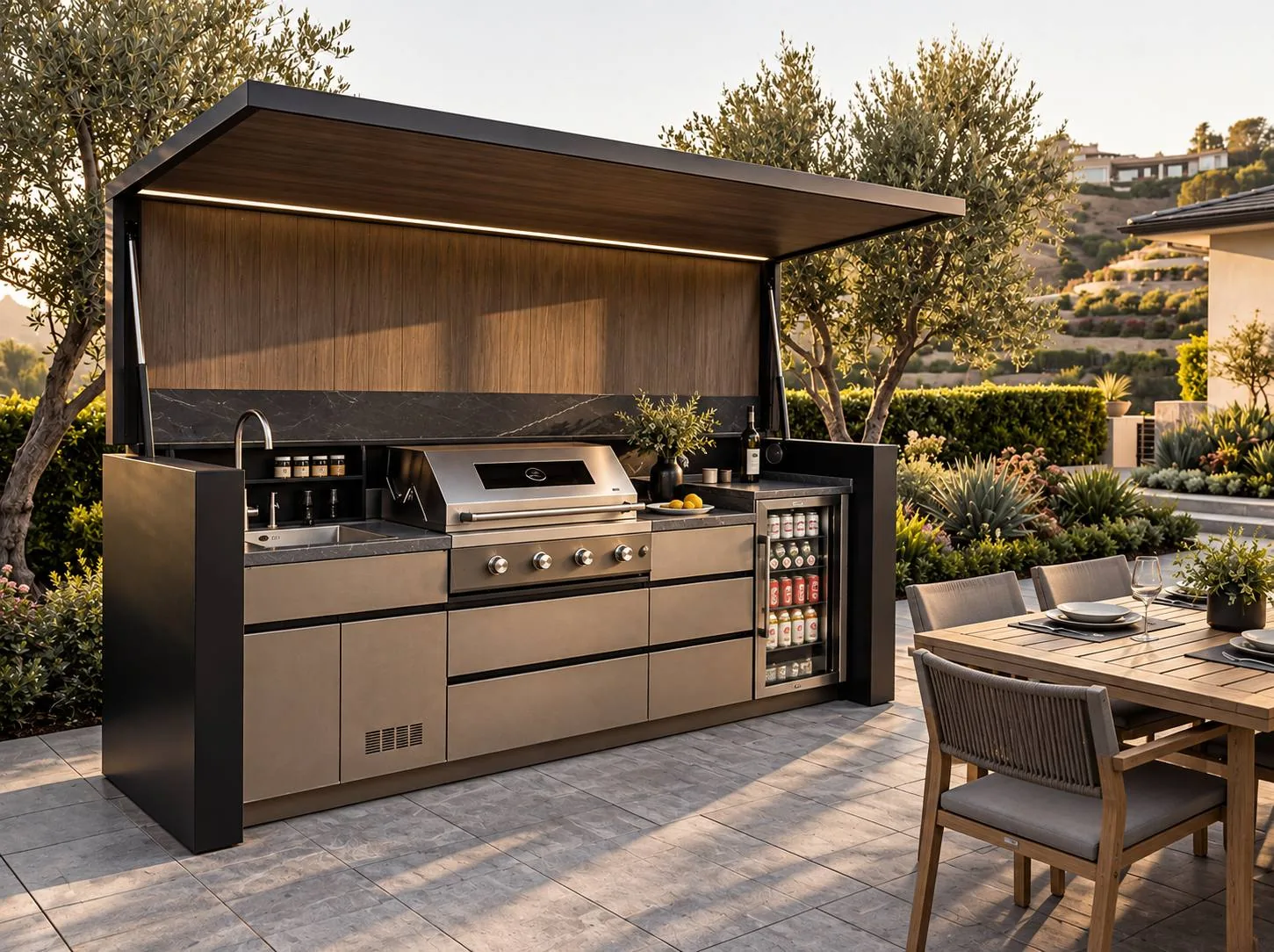 Right-angle view of POD 01 beside an outdoor dining area, showing its grill, sink and refrigerator