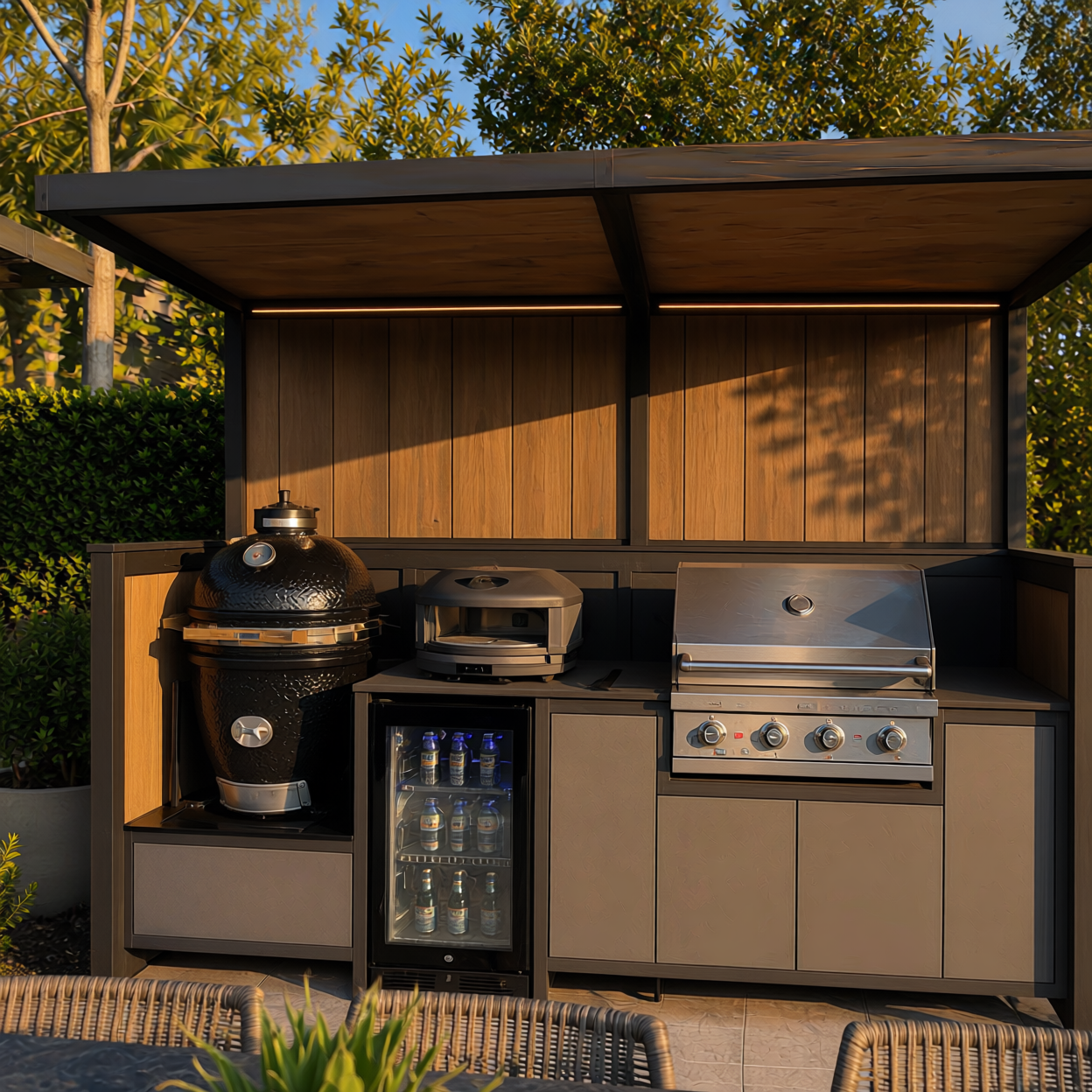 Close view of Pod 01 cooking suite with kamado grill, pizza oven and gas grill