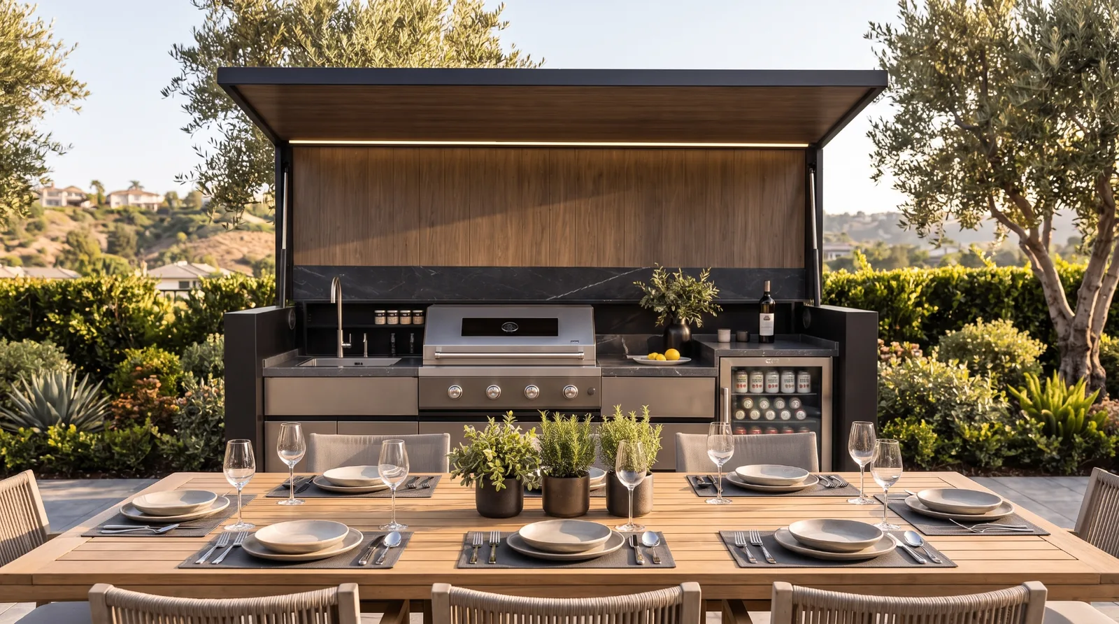 Alternative front-angle view of POD 01 with dining table, grill, sink and refrigerator