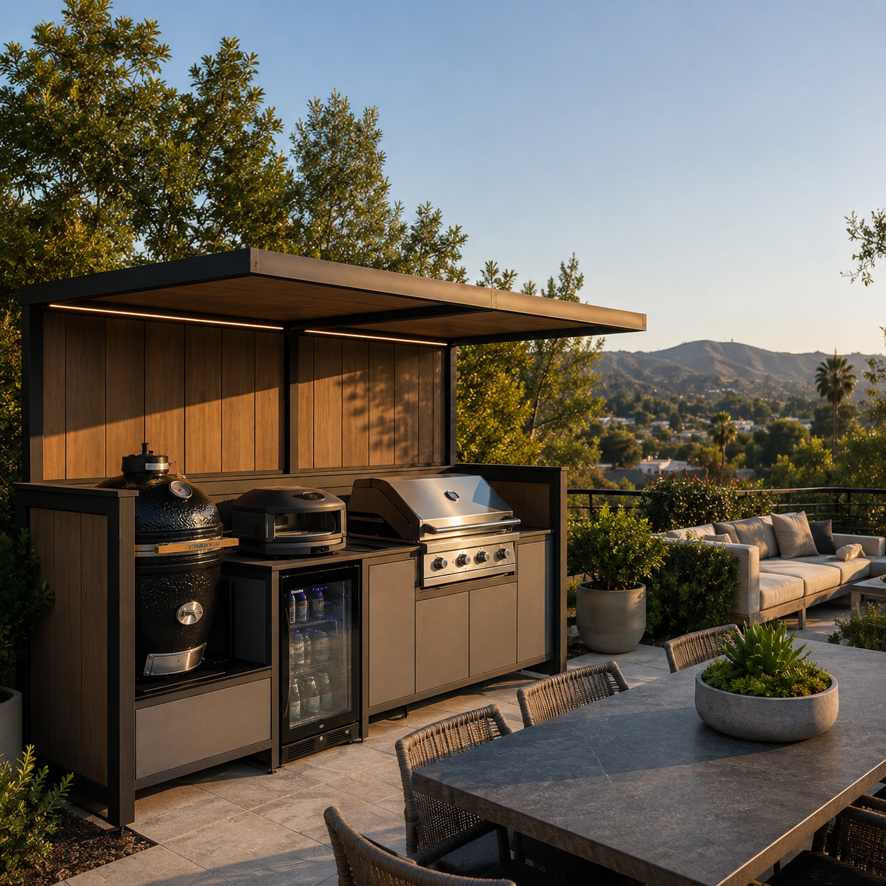 Pod 01 open with kamado grill, pizza oven, refrigerator and gas grill under the canopy