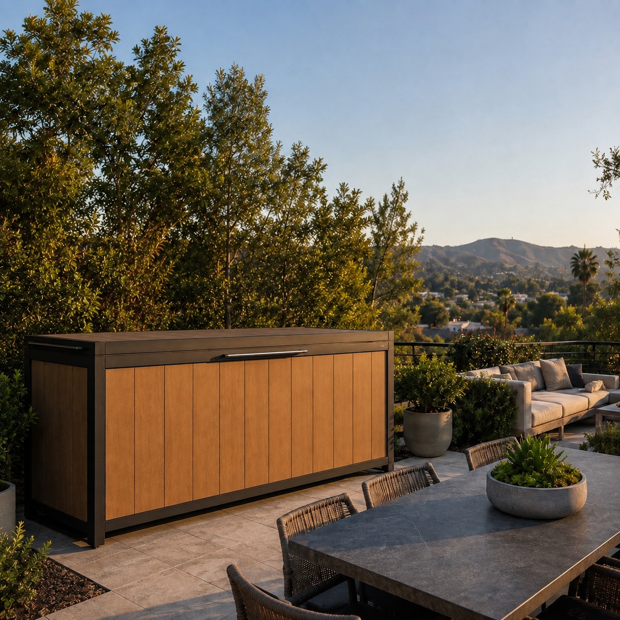 Pod 01 outdoor kitchen closed, with wood finish and black frame on a hillside patio