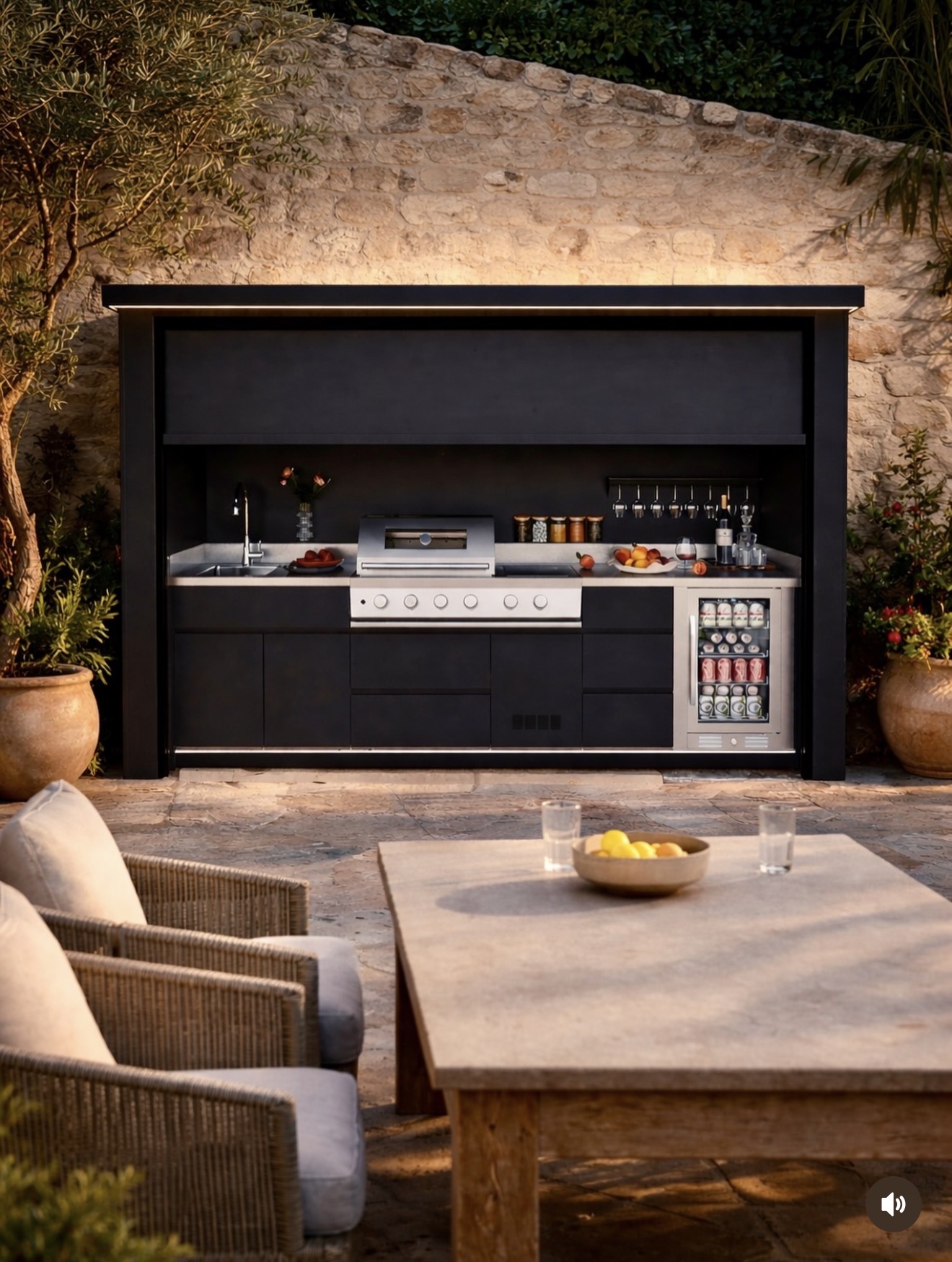 Matte black outdoor kitchen pod glowing with integrated lighting beside a stone wall at dusk