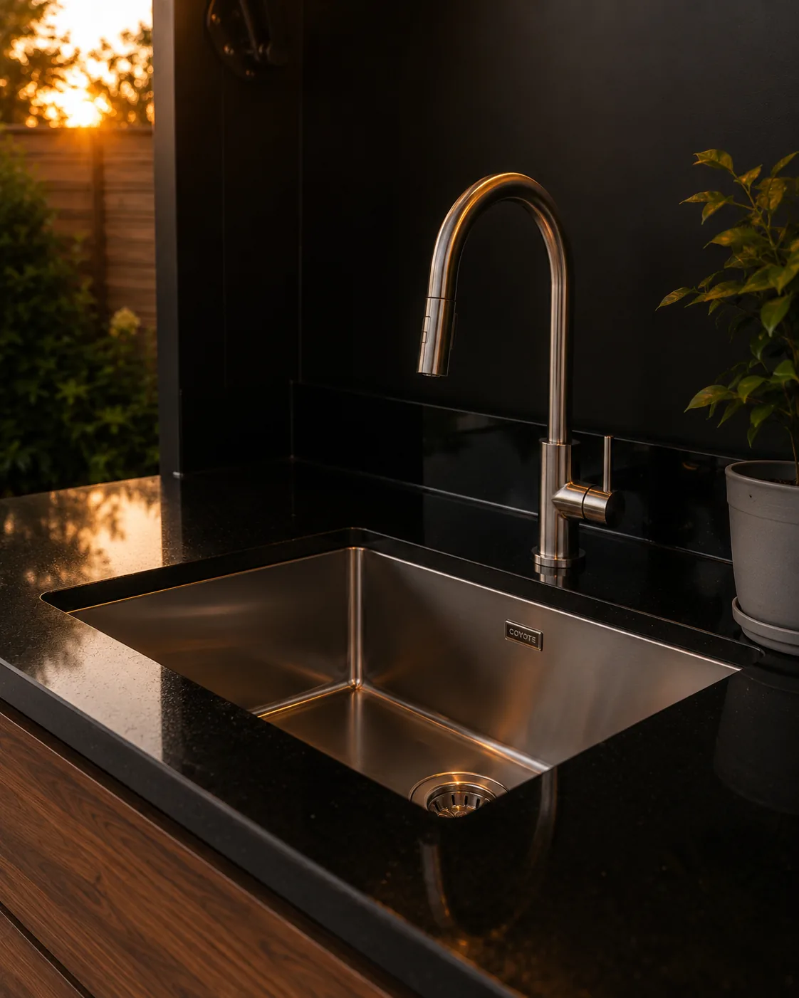Stainless steel sink and steel tap in the POD 02 outdoor kitchen