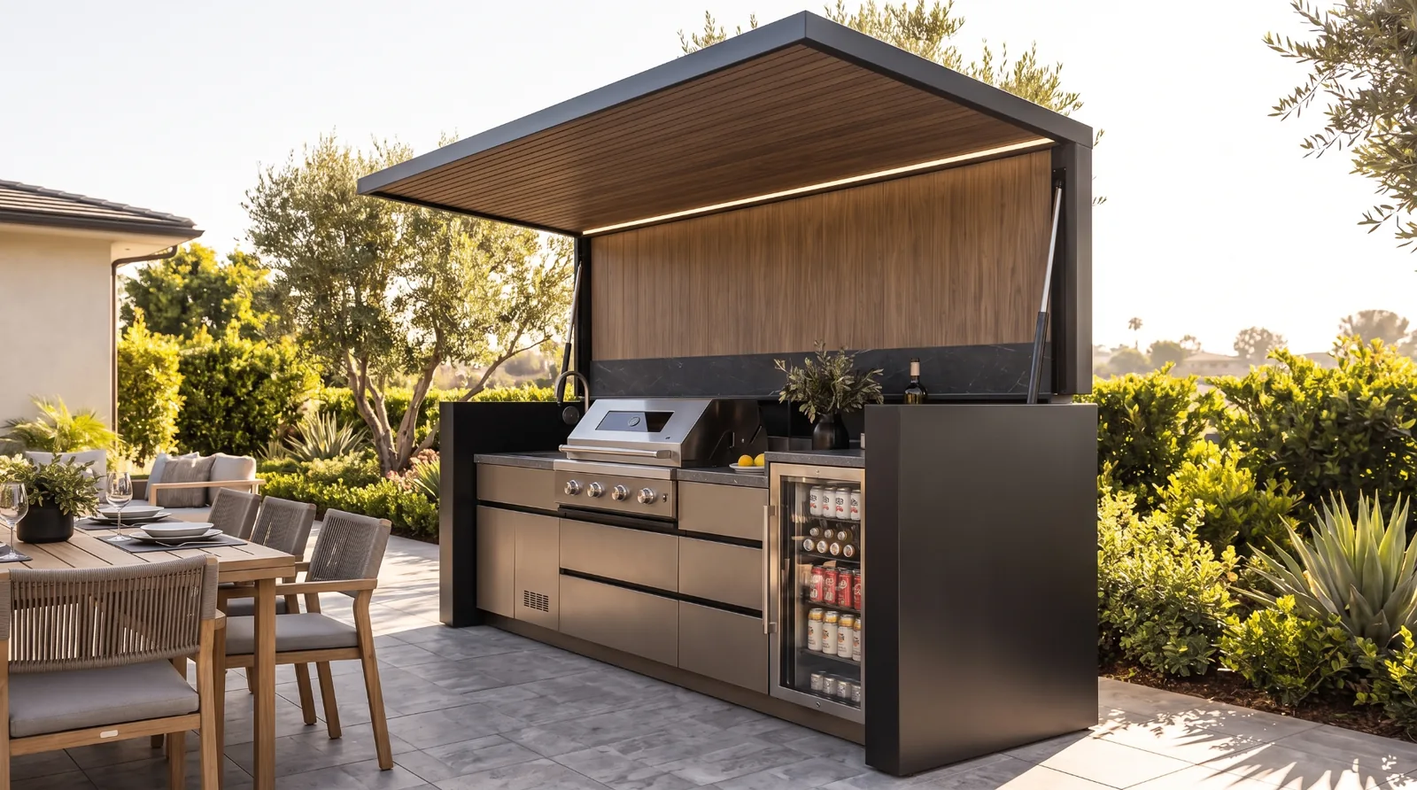 Wide view of POD 01 with raised canopy and outdoor dining area