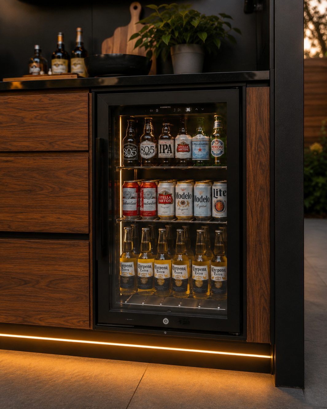 Close-up of the built-in outdoor refrigerator in Pod 02